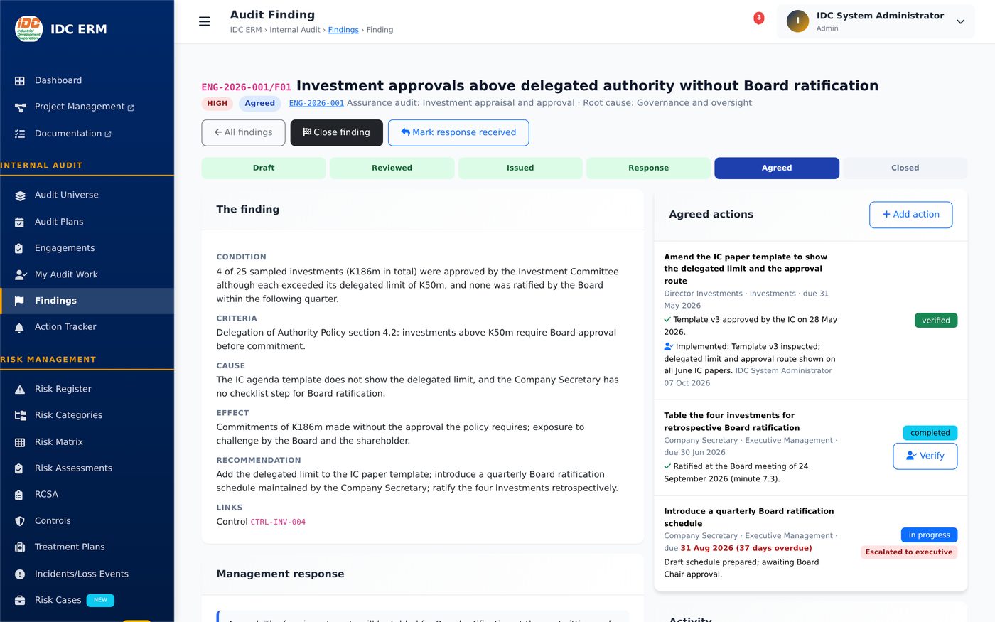 A finding with management response and actions